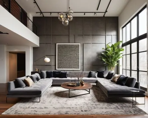 Modern living room, luxurious interior, sleek lines, minimalist decor, creamy white walls, dark hardwood floors, floor-to-ceiling windows, natural light pouring in, comfortable gray sofa, velvet cushi