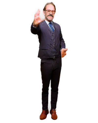 Bearded professor, mature man, solo, (50yo), wise eyes, glasses, white beard, brown hair, suit, black vest, white shirt, tie, leather boots, hands behind back, standing, realistic, soft lighting, cine