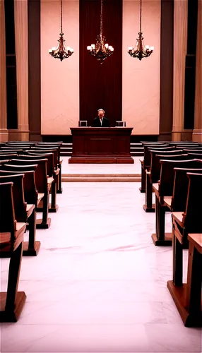 Courtroom interior, wooden podium, judge's bench, rows of wooden chairs, marble floor, high ceiling, grand chandelier, solemn atmosphere, warm lighting, shallow depth of field, realistic texture, deta