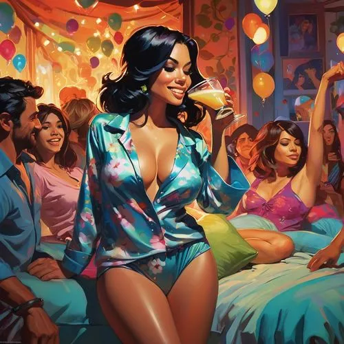 modern pop art,nightclub,70's icon,new year goals,drinking party,cocktails,game illustration,cabana,nightlife,dream job,cosmopolitan,a party,retro women,retro woman,disco,70s,would a background,popular art,cocktail,rosa cantina,Conceptual Art,Oil color,Oil Color 04