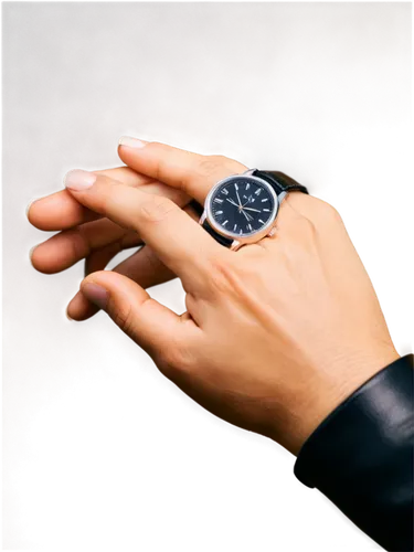 Male hand, strong fingers, palm lines, fingernails, silver watch, black leather strap, relaxed pose, soft lighting, shallow depth of field, warm color tone, cinematic composition, 3/4 view, slight blu