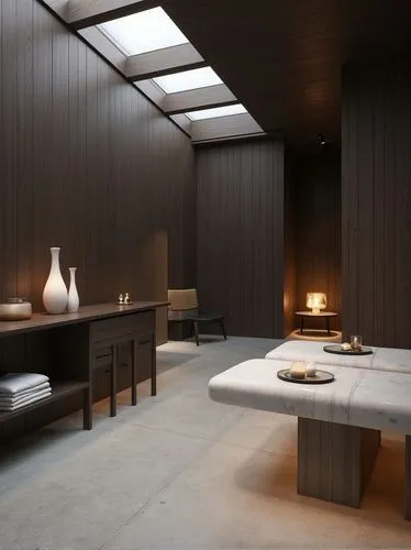 Minimalist interior design of a hotel spa, with dark wood walls and a concrete floor illuminated by light from skylight windows. The space features modern furniture, sculptures on the table, white mar