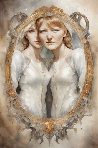 mirror of souls,mirror image,mirrormask,miroir,orions,porcelain dolls,white lady,melian,mirror reflection,the mirror,rasputina,celtic woman,priestesses,sophitia,rhinemaidens,magic mirror,gemini,mirrors,gothic portrait,doll looking in mirror,Digital Art,Watercolor