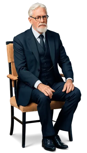 Old man, white hair, wrinkled face, thick beard, glasses, formal wear, black suit, white shirt, black tie, sitting on chair, hands clasped together, serious expression, warm lighting, soft focus, 3/4 