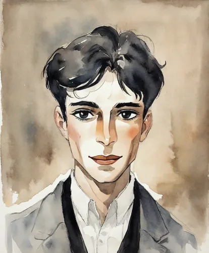 watercolor sketch,newt,young man,watercolor,1920s,watercolor paper,self-portrait,portrait,marco,1920's,watercolor paint,watercolour,braque saint-germain,romantic portrait,butler,yukio,orsay,vintage boy,artist portrait,valentin,Digital Art,Watercolor