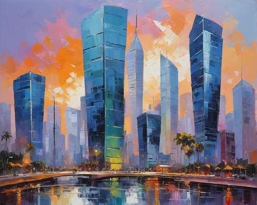 skyscrapers,cityscape,doha,dubai,skyscraper,urban towers,city skyline,the skyscraper,abu dhabi,san diego skyline,colorful city,abu-dhabi,city buildings,tel aviv,international towers,dhabi,sharjah,financial district,dubai garden glow,tall buildings,Conceptual Art,Oil color,Oil Color 10