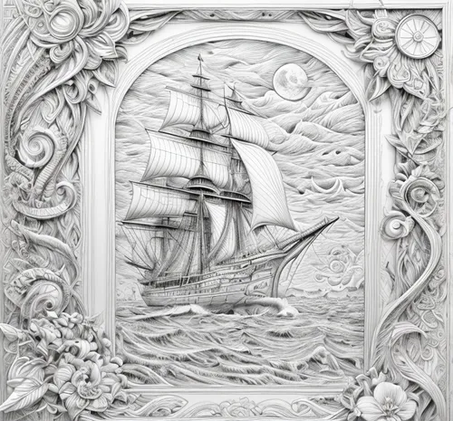 sailing ship,sailing ships,sea sailing ship,sail ship,sea fantasy,nautical paper,coloring page,cd cover,frame illustration,decorative frame,tallship,full-rigged ship,east indiaman,frame border illustr