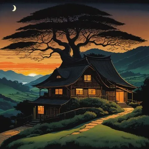 house silhouette,tree house,studio ghibli,home landscape,lonely house,the japanese tree,Illustration,Paper based,Paper Based 21