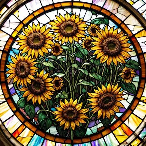 sunflowers in vase,stained glass window,sun daisies,stained glass,stained glass pattern,helianthus sunbelievable,sun flowers,barberton daisies,church window,helianthus,perennials-sun flower,sunflowers