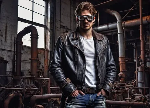 Engineer, cenobite, solo, (35yo), worn jeans, black leather jacket, white shirt, silver goggles, tool belt, messy brown hair, stubble, intense gaze, standing, abandoned factory, industrial pipes, rust