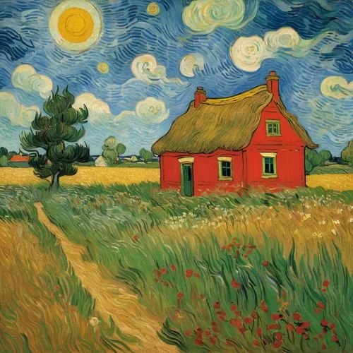 vincent van gough,vincent van gogh,post impressionism,home landscape,farm landscape,rural landscape,post impressionist,cultivated field,motif,gable field,farmhouse,meadow landscape,yellow grass,farm background,wheat field,house painting,farm house,red barn,church painting,straw field,Art,Artistic Painting,Artistic Painting 03