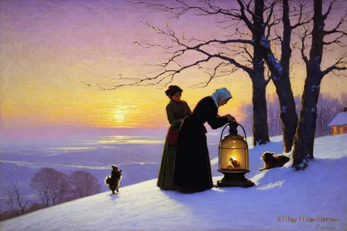 the first sunday of advent,candlemas,romantic scene,pilgrims,the second sunday of advent,the third sunday of advent,night scene,first advent,la violetta,guiding light,holy family,snow scene,winter landscape,in the winter,pilgrim,winter service,warming,warmth,in the evening,young couple,Art,Classical Oil Painting,Classical Oil Painting 40