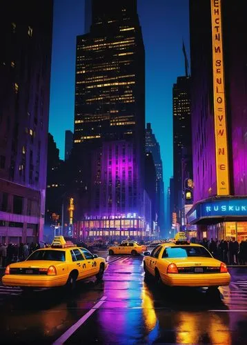 New York City skyscraper, modern architectural style, glass and steel materials, intricate structural details, urban landscape, nighttime scene, vibrant neon lights, warm white spotlights, blue-purple