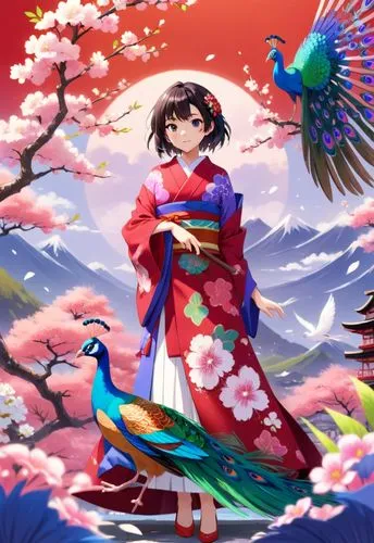 girl in a red and pink kimono with full lace pattern, right hand grab a japanese folding fan , a red and purple peacock from paradise at the front , full of blooming flowers with the vividly color bac