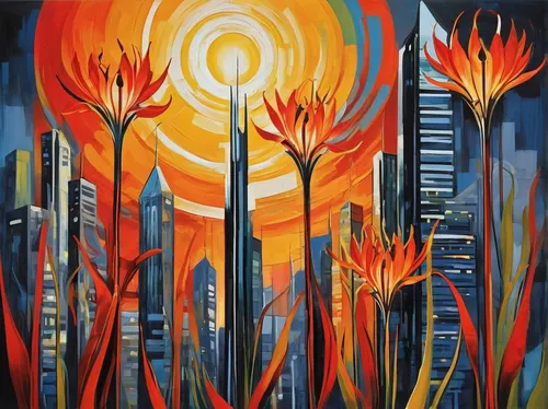 Imagine a futuristic city where torch lilies are used as a power source.,city in flames,torch lilies,fire planet,wildfire,bushfire,schopf-torch lily,forest fire,torch-bearer,fire lily,burning torch,ph