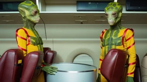 A photo of two aliens in an airplane with a distinctly reptilian appearance, their mottled green and brown skin giving them a chameleon-like camouflage effect. Their faces are unsettling, with dark, m