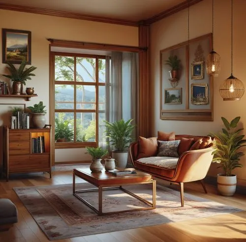 a living room with a leather sofa surrounded by potted plants,sunroom,livingroom,sitting room,living room,home interior,small cabin,Photography,General,Realistic