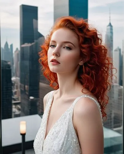 the iconic frame of the caucasian girl comes to life and begins to gaze out from above. She wears a white dress, the colors of the skyline blending seamlessly into the vibrant space. Her red curls are