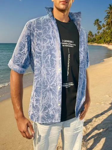 blue sea shell pattern,leatherback turtle,polynesian,beach background,megamendung batik pattern,leatherback sea turtle,hemp pattern,premium shirt,stanislas wawrinka,shirt,isolated t-shirt,long-sleeved t-shirt,print on t-shirt,samoa,male model,tropical leaf pattern,man's fashion,sand seamless,active shirt,mahé,Male,Southern Europeans,L,Confidence,T-shirt and Jeans,Outdoor,Beach