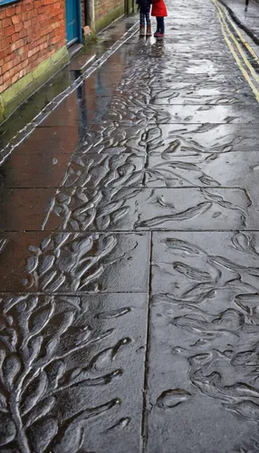 paving slabs,flooded pathway,puddles,eastgate street chester,puddle,sleet,paving stones,chalk traces,walking in the rain,quay wall,pavement,cobbles,cobblestones,floods,water channel,flooding,paving stone,the cobbled streets,drizzle,rain and snow mixed,Illustration,Black and White,Black and White 15