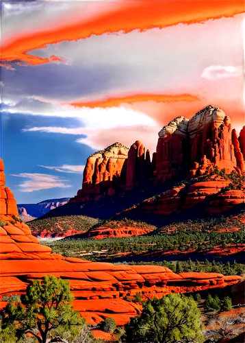 Sedona Arizona landscape, red rock formations, Cathedral Rock, Bell Rock, Boynton Canyon, vibrant orange-red hue, sun-kissed terrain, dramatic cloud formations, warm golden light, panoramic view, low-