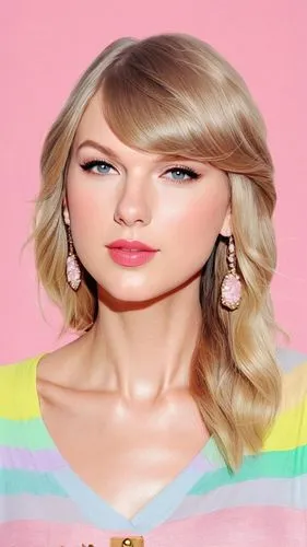 Taylor swift in cartoon with soft colors,a beautiful blond woman wearing big earrings and a pink dress,swiftlet,pink background,swifty,pop art background,swiftlets,swiftmud,Illustration,Children,Child