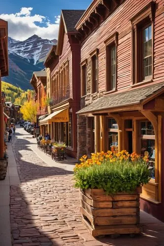 Telluride, Colorado, charming mountain town, historic main street, colorful Victorian-era buildings, ornate wooden facades, rustic stone walls, vibrant flower-filled window boxes, artistic murals, qua