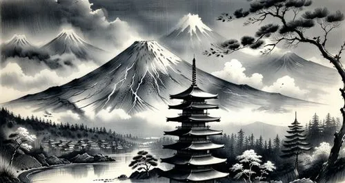 Mount Fuji and Pagoda,a painting with mountains and trees around it,japanese art,mountain scene,muramasa,kamiizumi,kumano kodo,okimoto,Illustration,Paper based,Paper Based 30