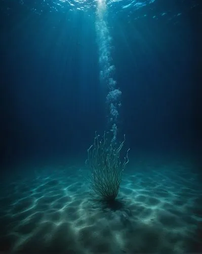 the big void, diving in the open ocean, light streaks breaking through the surface reflections on the plankton, dark blue depth, no ground visible,ocean underwater,under the water,the bottom of the se