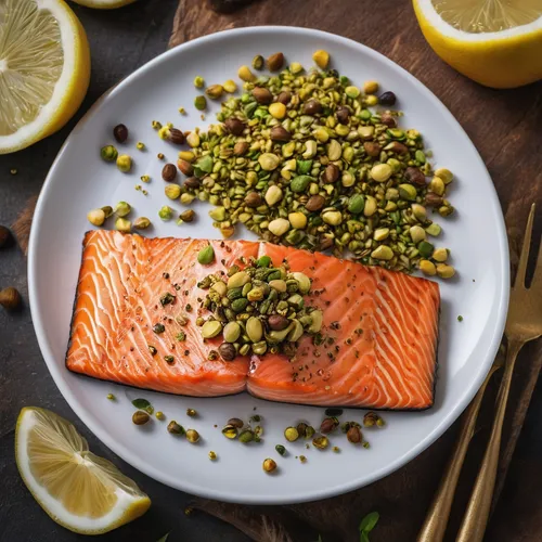 A slice of salmon fish baked with pistachio seasoning on a plate,salmon fillet,arctic char,salmon,sockeye salmon,wild salmon,salmon-like fish,omega3,food photography,smoked salmon,chub salmon,salmon c