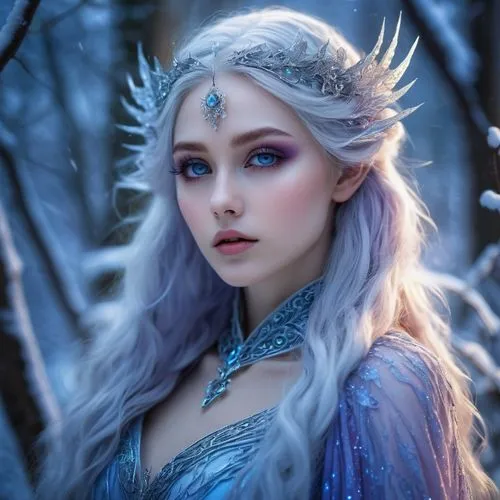 the snow queen,ice queen,violet head elf,winterblueher,fantasy portrait,fantasy art,elsa,faery,blue enchantress,suit of the snow maiden,ellinor,elven,ice princess,elenore,faerie,white rose snow queen,fantasy picture,galadriel,fairie,lorien,Illustration,Realistic Fantasy,Realistic Fantasy 04