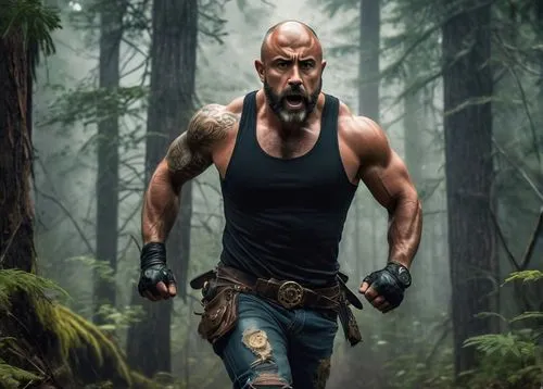 Joe Rogan, masculine build, rugged beard, intense eyes, black tank top, ripped jeans, strong legs, running shoes, fighting stance, in forest, surrounded by trees, dense foliage, misty atmosphere, fogg