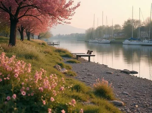 Mauve colored riverbank, serene landscape, gentle slopes, lush greenery, mauve toned flowers blooming, soft petals, delicate stems, river flowing gently, calm water reflections, pebbles and stones lin