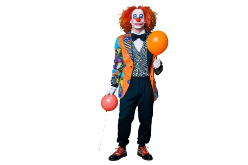 Creepy male clown, pale skin, red nose, painted-on smile, messy orange hair, colorful oversized clothing, baggy pants, large shoes, holding a balloon animal, sinister gaze, dim lighting, close-up shot