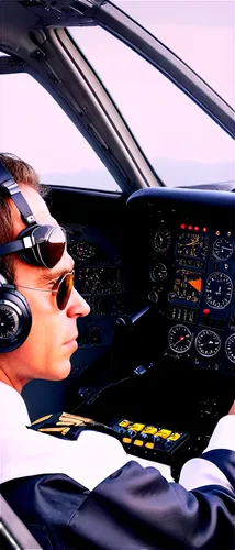 Aircraft cockpit, pilot's perspective, complex dashboard, leather seat, metal controls, aviator sunglasses, white shirt, epaulets, headphones, microphone, joystick, throttle lever, navigation screen, 