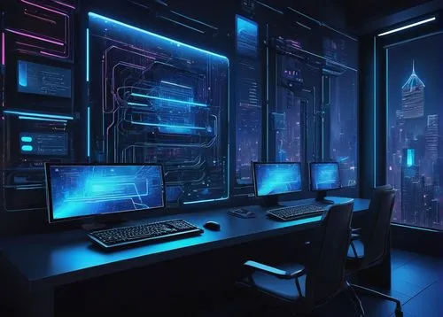 Modern electronic mail architecture, futuristic cyberspace, sleek metallic framework, glowing blue circuits, wires, neon lights, 3D holographic screens, keyboard typing sound effects, CPU processing u