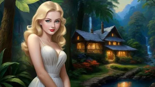 fantasy picture,the blonde in the river,fairy tale character,landscape background,forest background,fairy tale,fairytale,fantasy art,world digital painting,dorthy,house in the forest,a fairy tale,fairyland,ninfa,fairytales,fantasy woman,girl in the garden,gwtw,morgause,fantasy girl