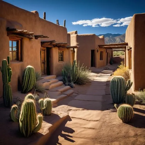 Ancient Taos Pueblo, adobe architecture, multistory dwellings, earthy tones, wooden ladders, rustic doors, narrow windows, stone pathways, desert landscape, sandy dunes, cacti, blue sky, warm sunlight