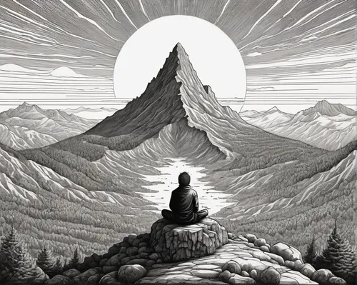 laser buddha mountain,meditation,the spirit of the mountains,meditate,zen,vipassana,meditative,yogananda,mountain spirit,mountain,yogananda guru,mountain sunrise,annapurna,buddha,mountain peak,himalaya,meditating,mountain scene,peaks,somtum,Illustration,Black and White,Black and White 09