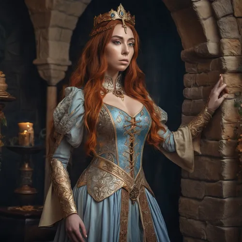 Anfisa Nava face,ginger,medieval outfit,celtic queen,queen cage,cinderella,fantasy woman,merida,fantasy portrait,golden crown,fairy tale character,eufiliya,cosplay image,priestess,the snow queen,artem