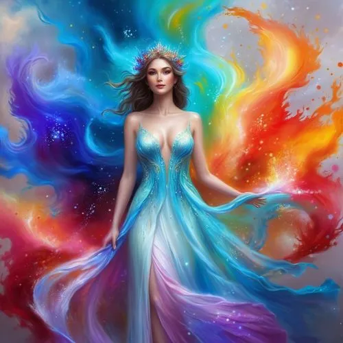 elegant head flowing gown, multiple vivid alcohol ink splashes and streams,fantasy art,fantasy picture,fantasy portrait,fantasy woman,sorceress,world digital painting,mystical portrait of a girl,blue 