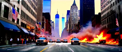 city in flames,new york streets,cloverfield,city scape,oversaturated,5th avenue,apocalyptic,newyork,cityscapes,new york taxi,new york,cosmopolis,manhattan,wallstreet,chrysler building,nytr,composited,megacities,photo art,urban landscape,Illustration,Realistic Fantasy,Realistic Fantasy 38