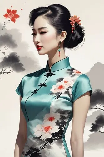 cheongsam,geisha girl,oriental painting,hanbok,qipao,oriental princess,geisha,hanfu,japanese floral background,oriental girl,suyin,japanese woman,daiyu,yifei,japanese art,oriental,plum blossom,xiaofei,world digital painting,mulan,Illustration,Japanese style,Japanese Style 10