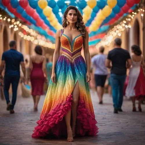 girl in a long dress,cocktail dress,rainbow color balloons,long dress,colorful balloons,girl in a long dress from the back,colorful,party dress,nice dress,gown,quinceañera,evening dress,full of color,a girl in a dress,color feathers,dress,rainbow color palette,multi color,rainbow colors,ball gown,Photography,General,Cinematic