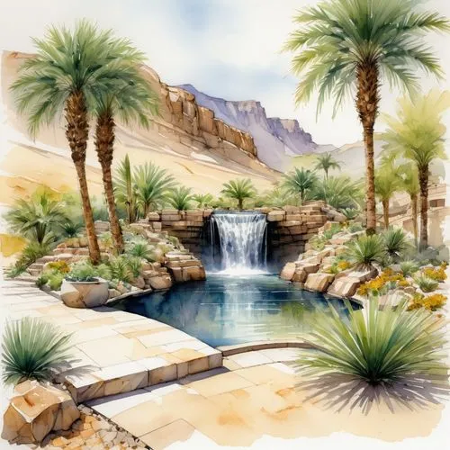 (watercolor:1.2) sketch of a (waterfall:1.3) coming from a golden rocky (high mountain:1.2) to an artificial lake in Saudi Arabia, benches, (interlocking pavers:1.2), (date palm trees:1.3) farm,desert