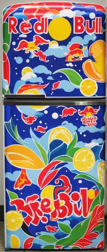 Write a funny story about a talking Red Bull fridge that gives energy to tired students.,red bull,vodka red bull,crate of fruit,yatai,zebru,cans of drink,popart,beverage cans,koi carps,koi carp,paint 