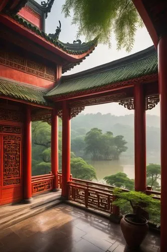 Ancient Chinese, pre-Luanian architecture, majestic temple, intricate carvings, ornate roofs, upturned eaves, golden accents, vibrant red walls, white marble columns, lanterns hanging from ceiling, mi