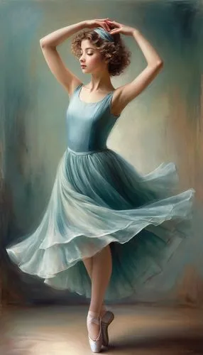 A vintage girl with short, curly hair, practicing a ballet pose in a flowing dress, a dainty berret perched on her head.,sylphide,danseuse,ballerina girl,sylphides,dancer,ballet dancer,ballerina,twirl