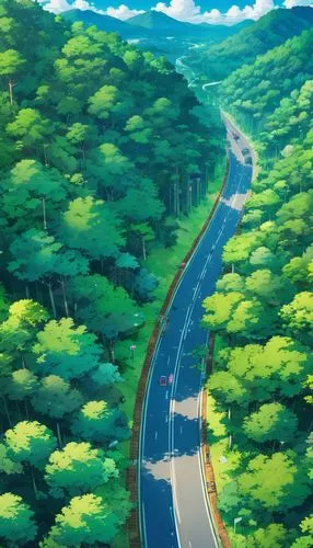 forest road,mountain road,road,roads,mountain highway,open road,the road,ghibli,long road,maple road,racing road,country road,teshima,road to nowhere,highway,studio ghibli,winding roads,cartoon forest,kanto,asphalt road,Illustration,Japanese style,Japanese Style 03