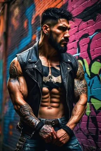 Muscular man, Punisher, intense facial expression, Tribal tattoo on arms, chest, back, bold black lines, vibrant colors, ripped biceps, strong jawline, short hair, beard, bandana, leather jacket, ripp